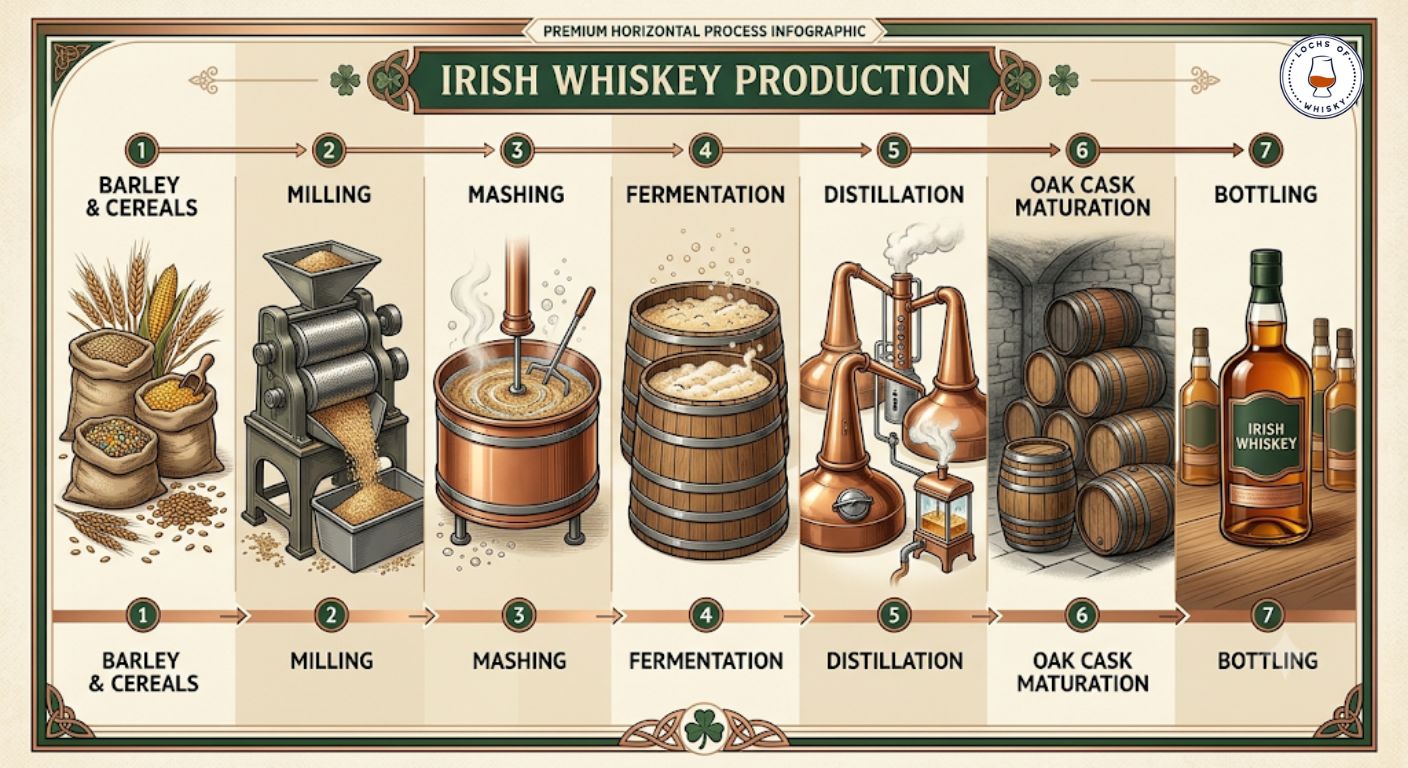 Diagram showing the stages involved in producing Irish whiskey from grain to bottle.