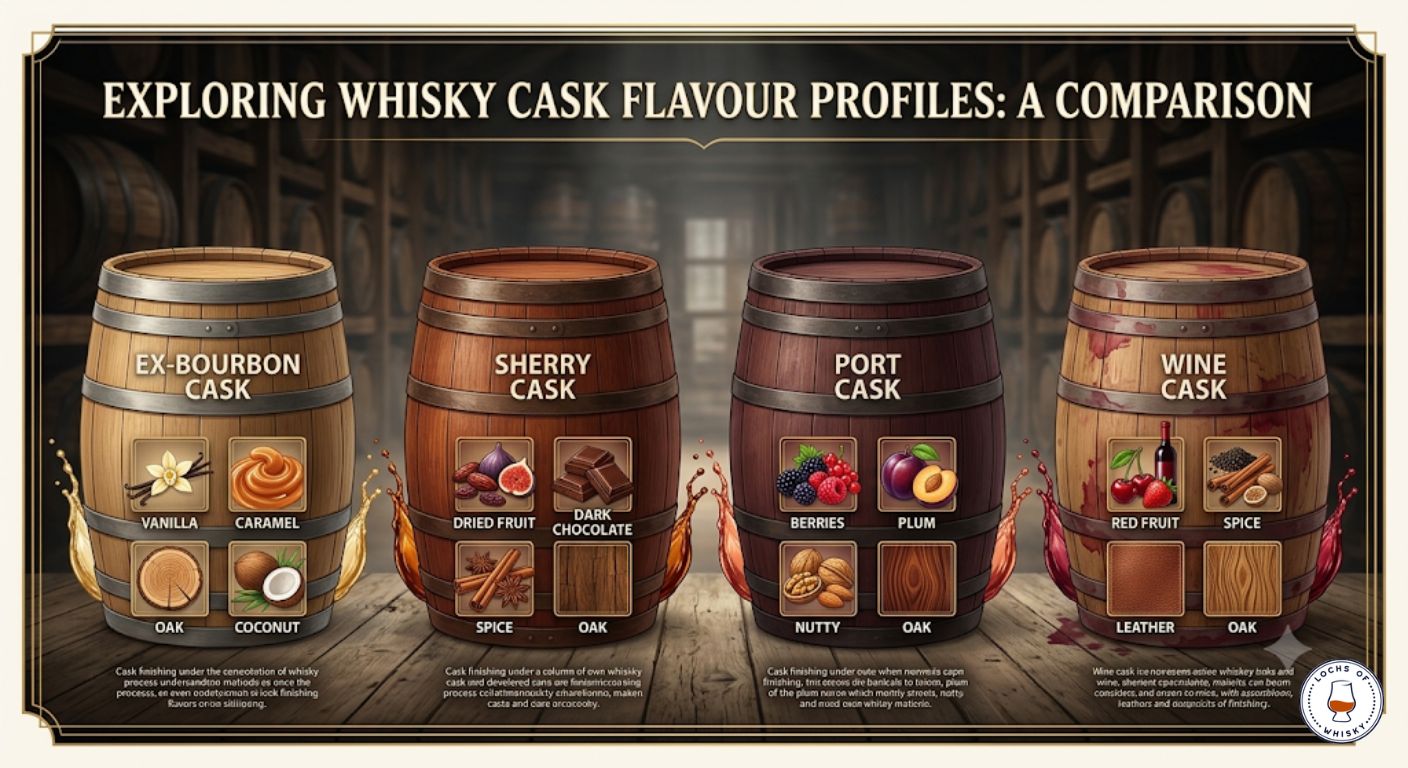 Comparison of common cask types used to mature Irish whiskey and the flavours they typically contribute.