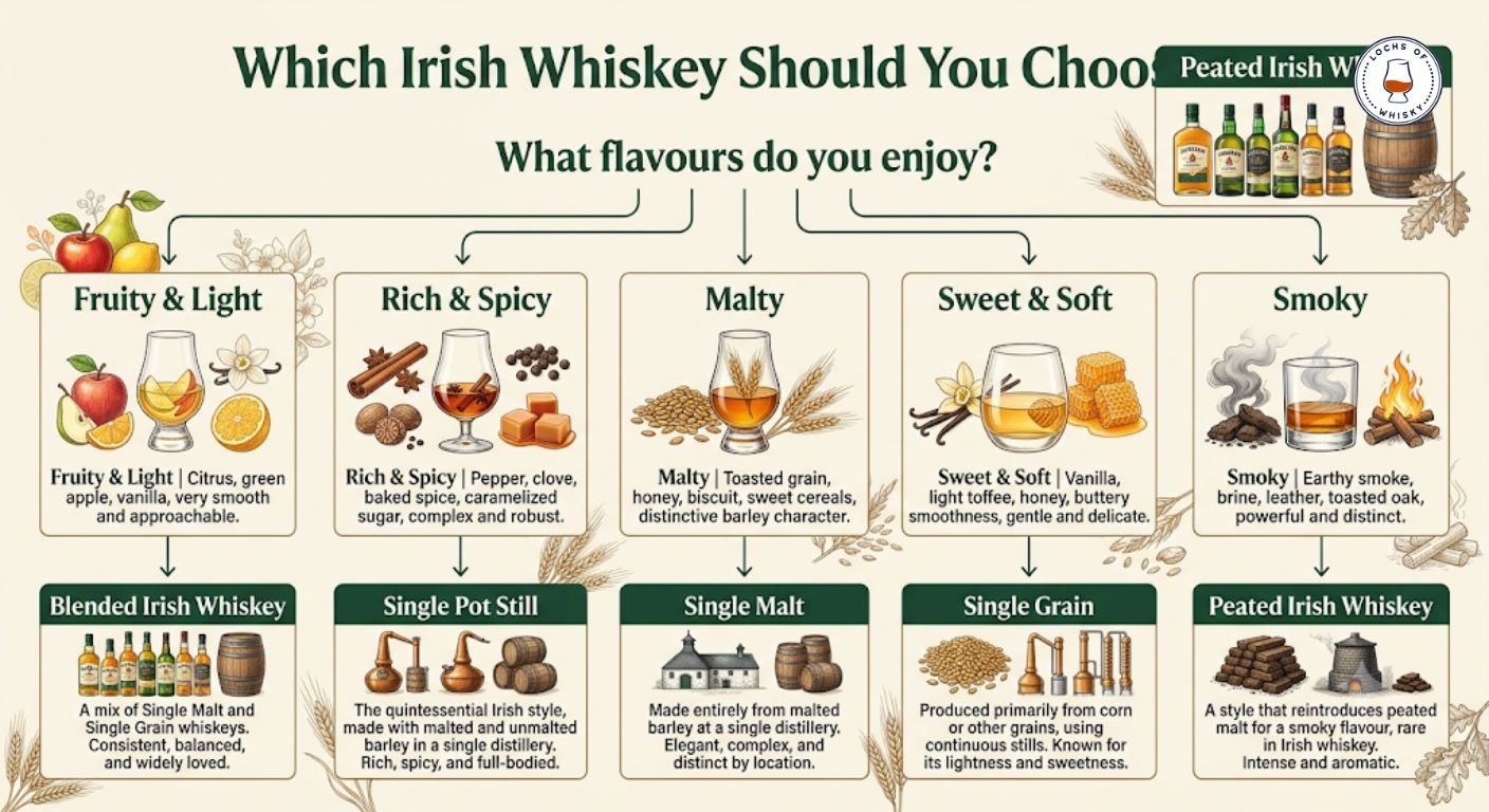 Decision tree helping readers choose the most suitable style of Irish whiskey based on flavour preferences.