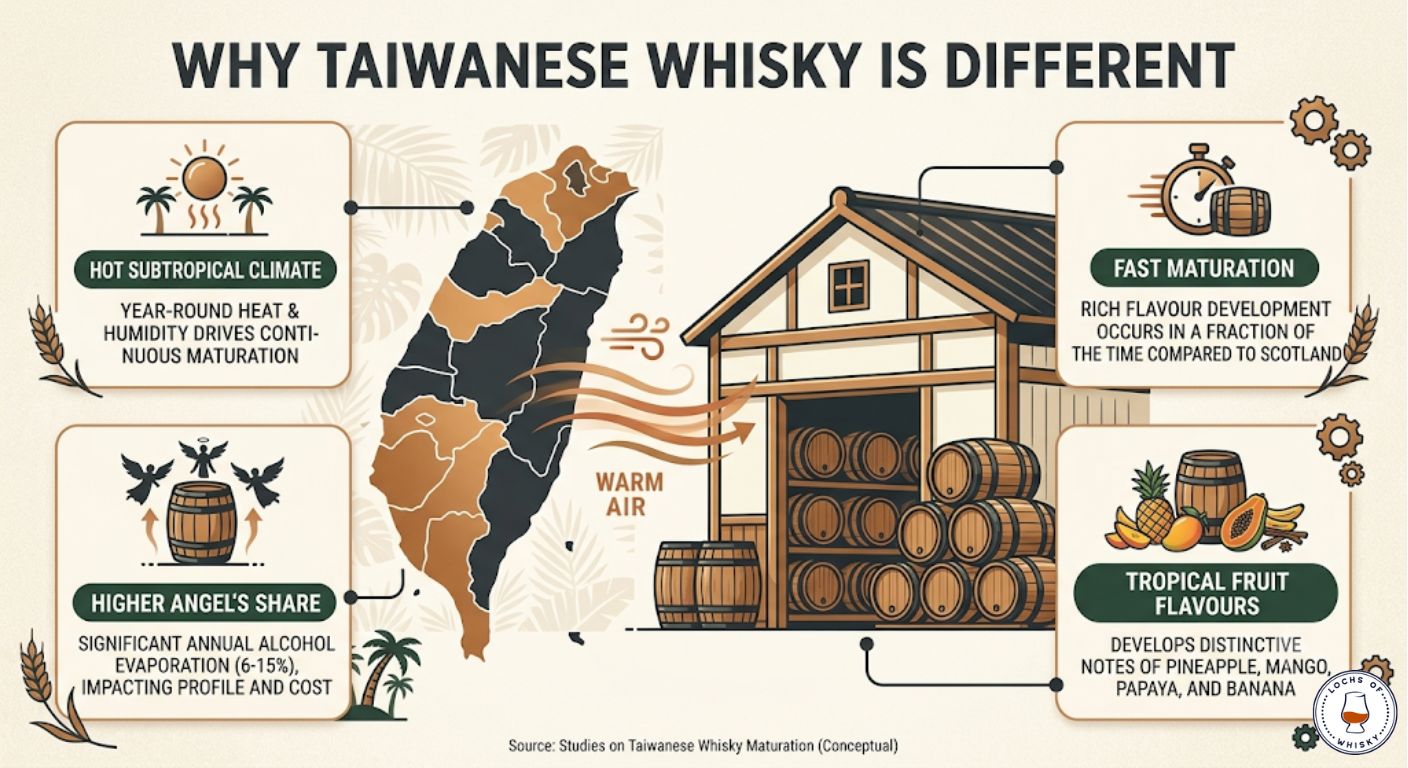Infographic explaining how Taiwan's hot climate creates faster whisky maturation and distinctive tropical fruit flavours.