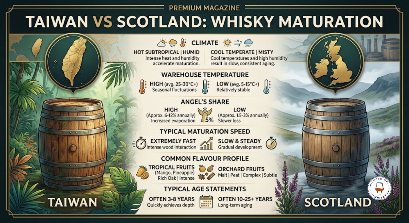 Comparison infographic showing the key differences between Taiwanese and Scottish whisky maturation.