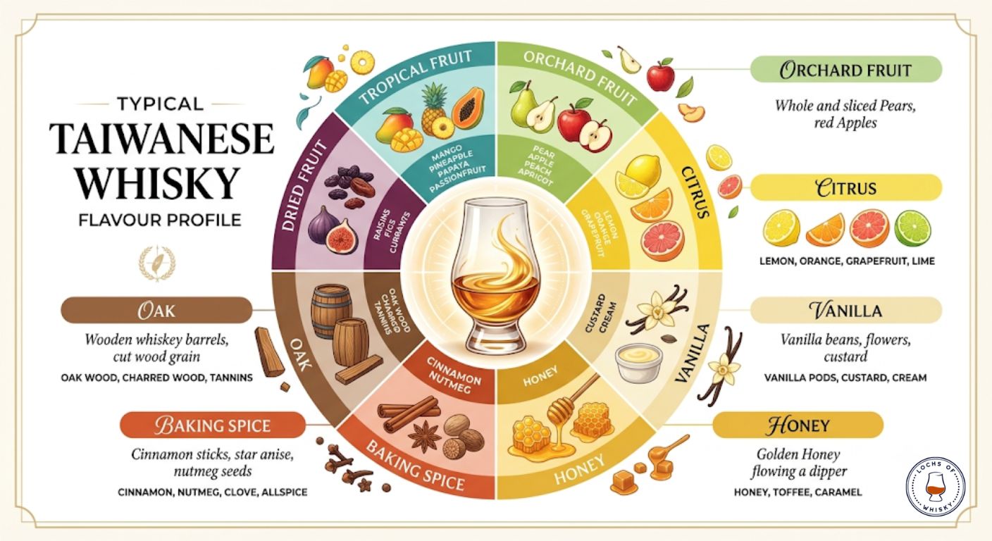 Flavour wheel showing the common tasting notes found in Taiwanese single malt whisky.