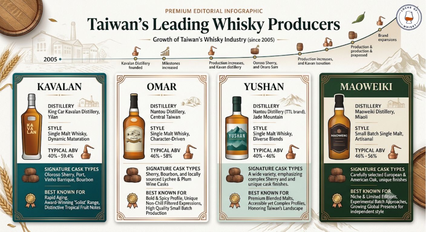 Infographic introducing the leading Taiwanese whisky producers and how their styles differ.