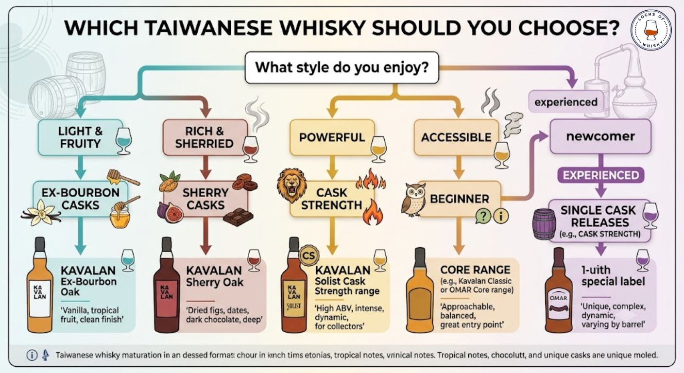 Decision tree helping readers choose the most suitable style of Taiwanese whisky based on their preferences.