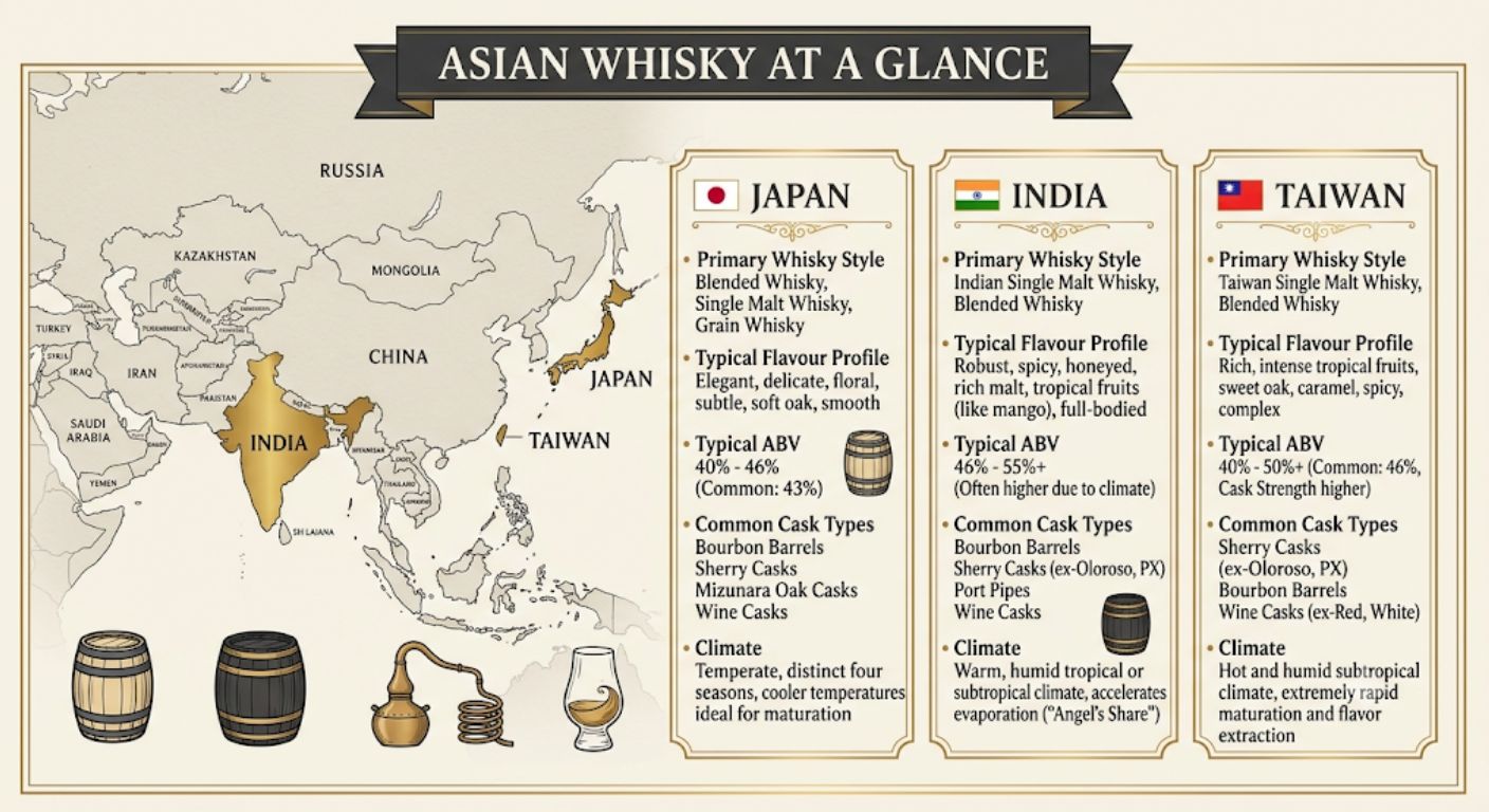 Asian whisky map comparing Japan, India and Taiwan by style, flavour profile, cask types and climate.