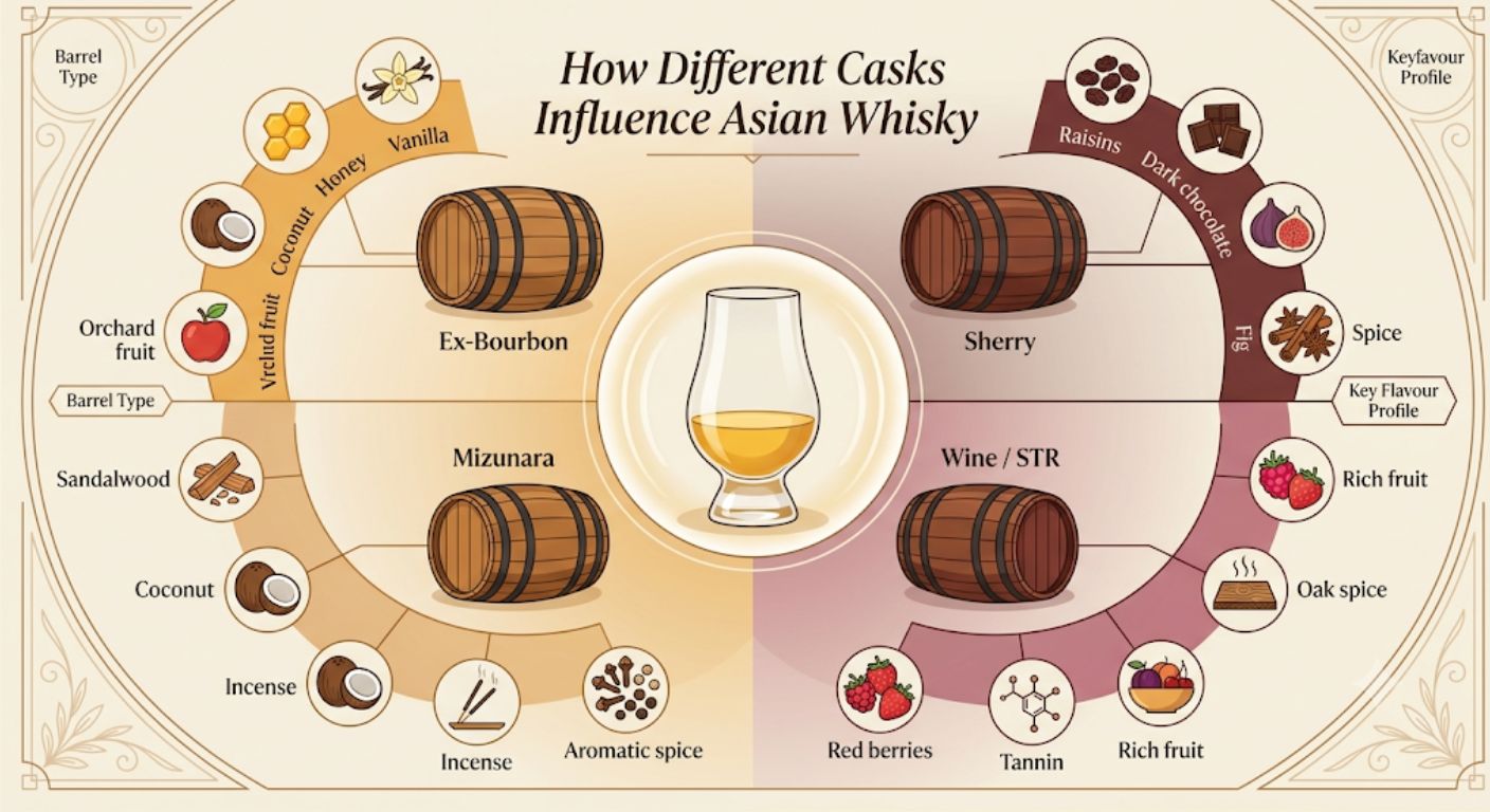 Flavour wheel showing how different cask types influence the taste of Asian whisky.