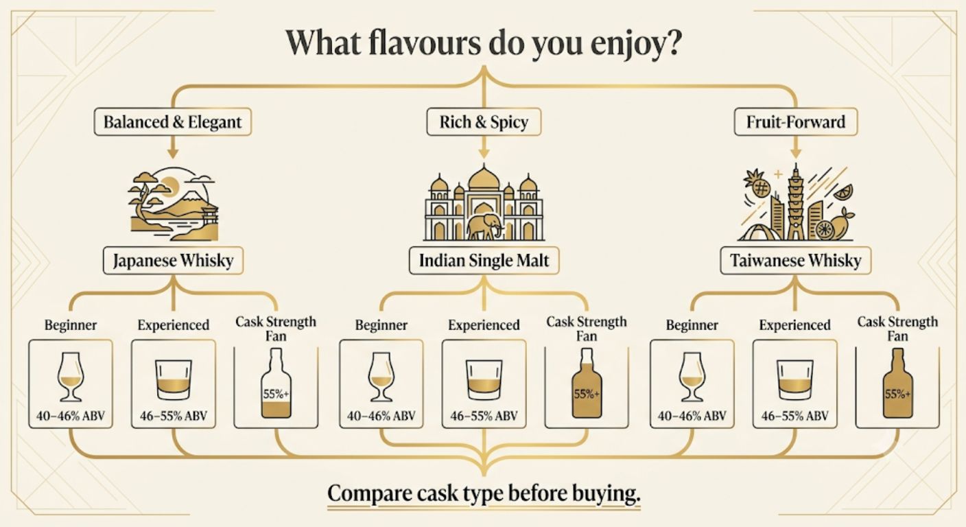 Asian whisky buying flowchart helping readers choose between Japanese, Indian and Taiwanese whisky styles based on flavour preferences and ABV.