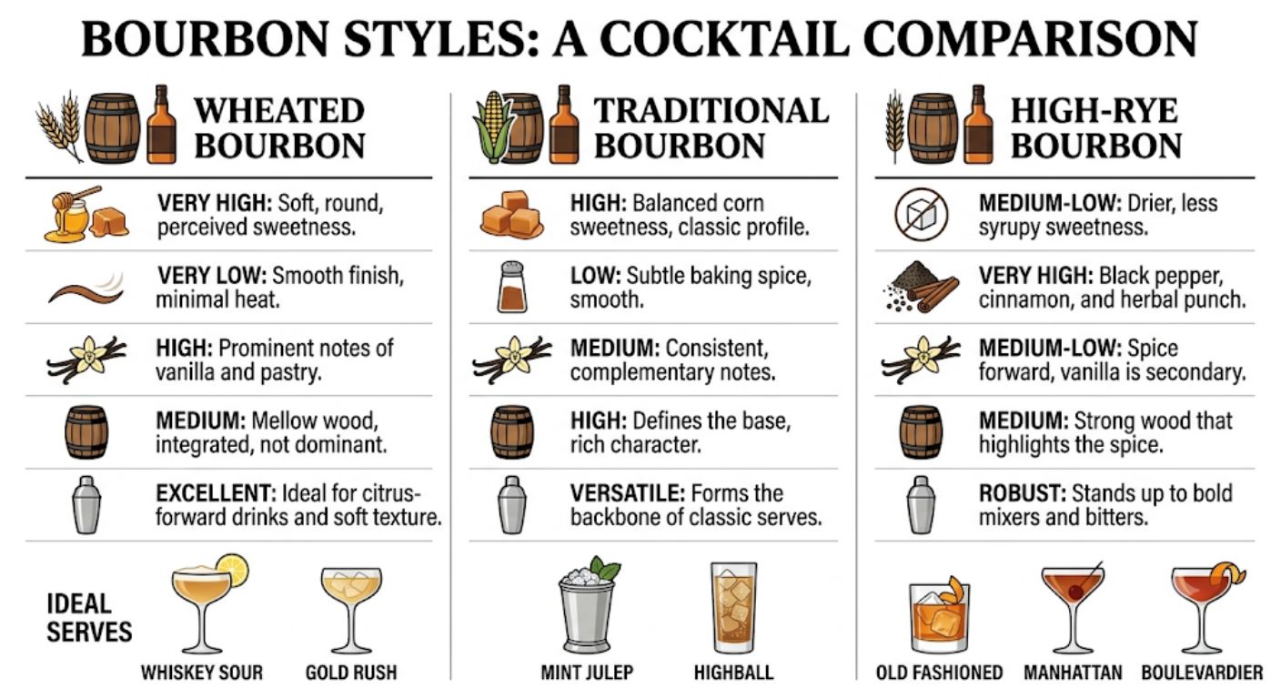 Comparison chart showing how wheated, traditional and high-rye bourbons influence cocktail flavour and style.