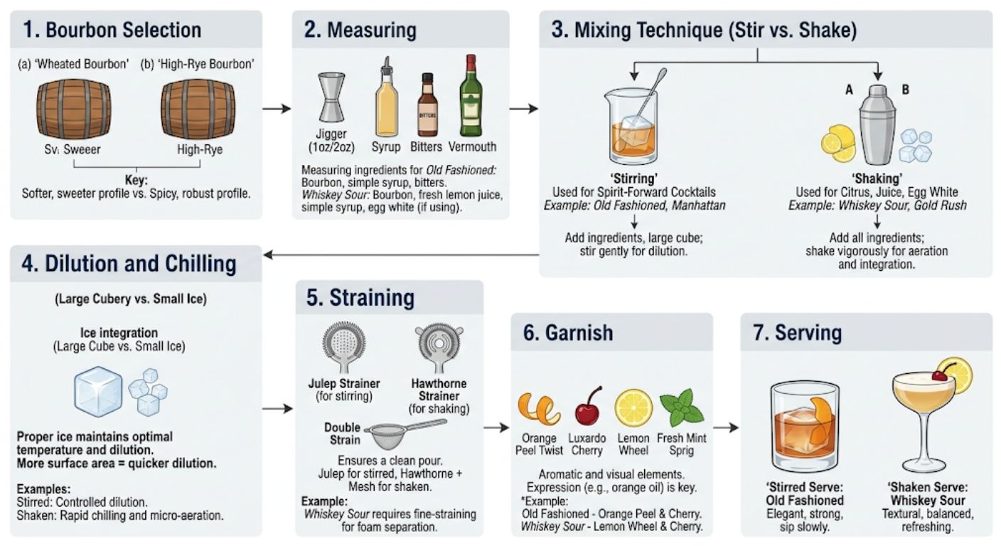 Matrix comparing the relative sweetness and strength of ten classic bourbon cocktails.