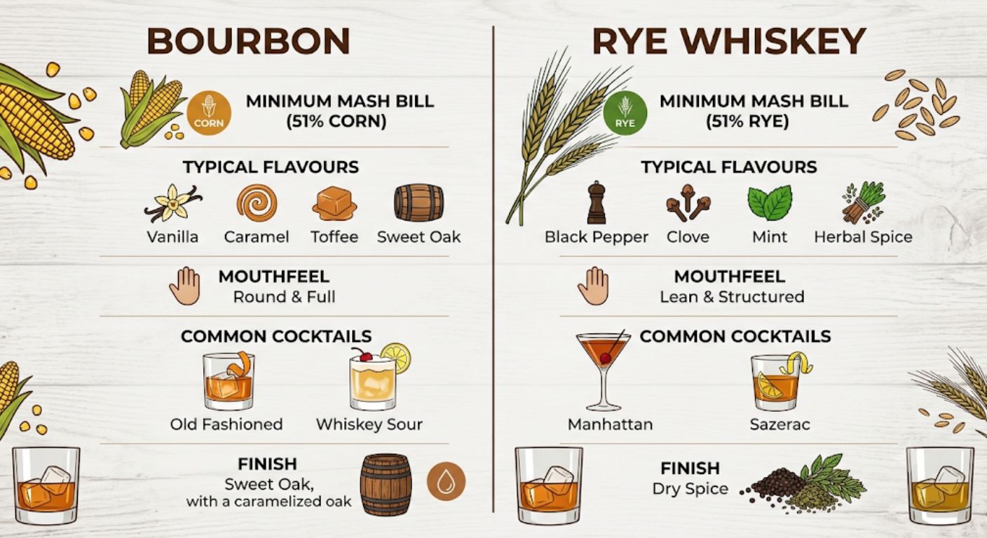 Comparison infographic showing the key differences between bourbon and rye whiskey, including mash bill requirements, flavour profile, texture and best cocktail uses.