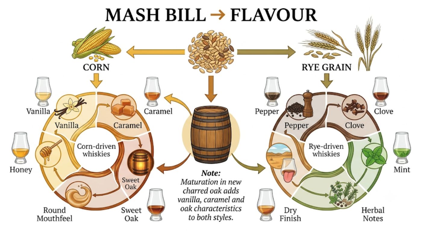 Flowchart explaining how corn and rye mash bills influence the flavour profile of American whiskey before barrel maturation adds oak characteristics.