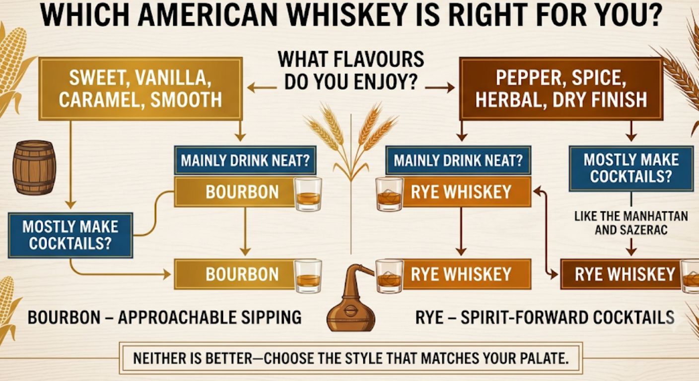 Decision tree helping readers choose between bourbon and rye whiskey based on flavour preferences, drinking style and cocktail use.