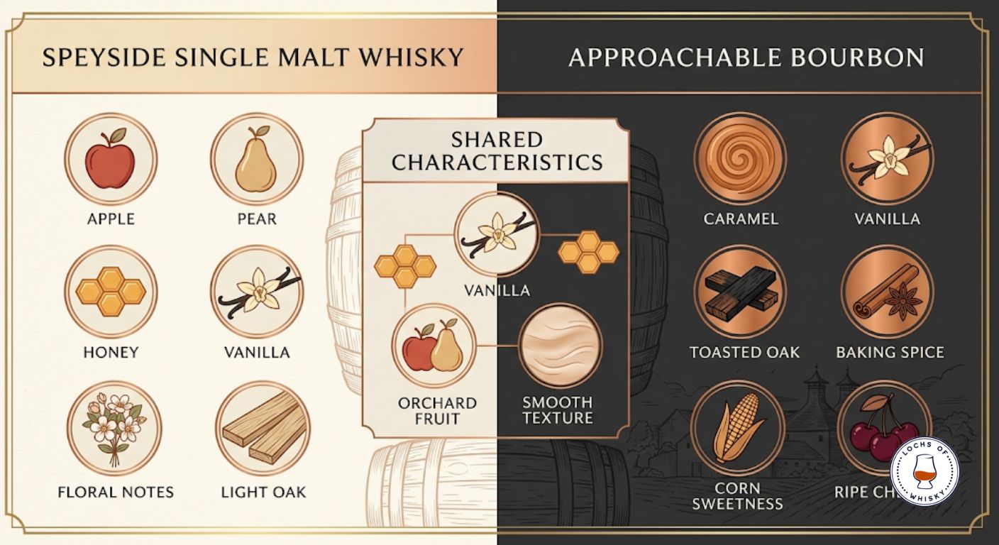 Comparison infographic showing the shared flavour characteristics between Speyside single malt whisky and approachable Bourbon, highlighting fruit, honey, vanilla and oak differences.