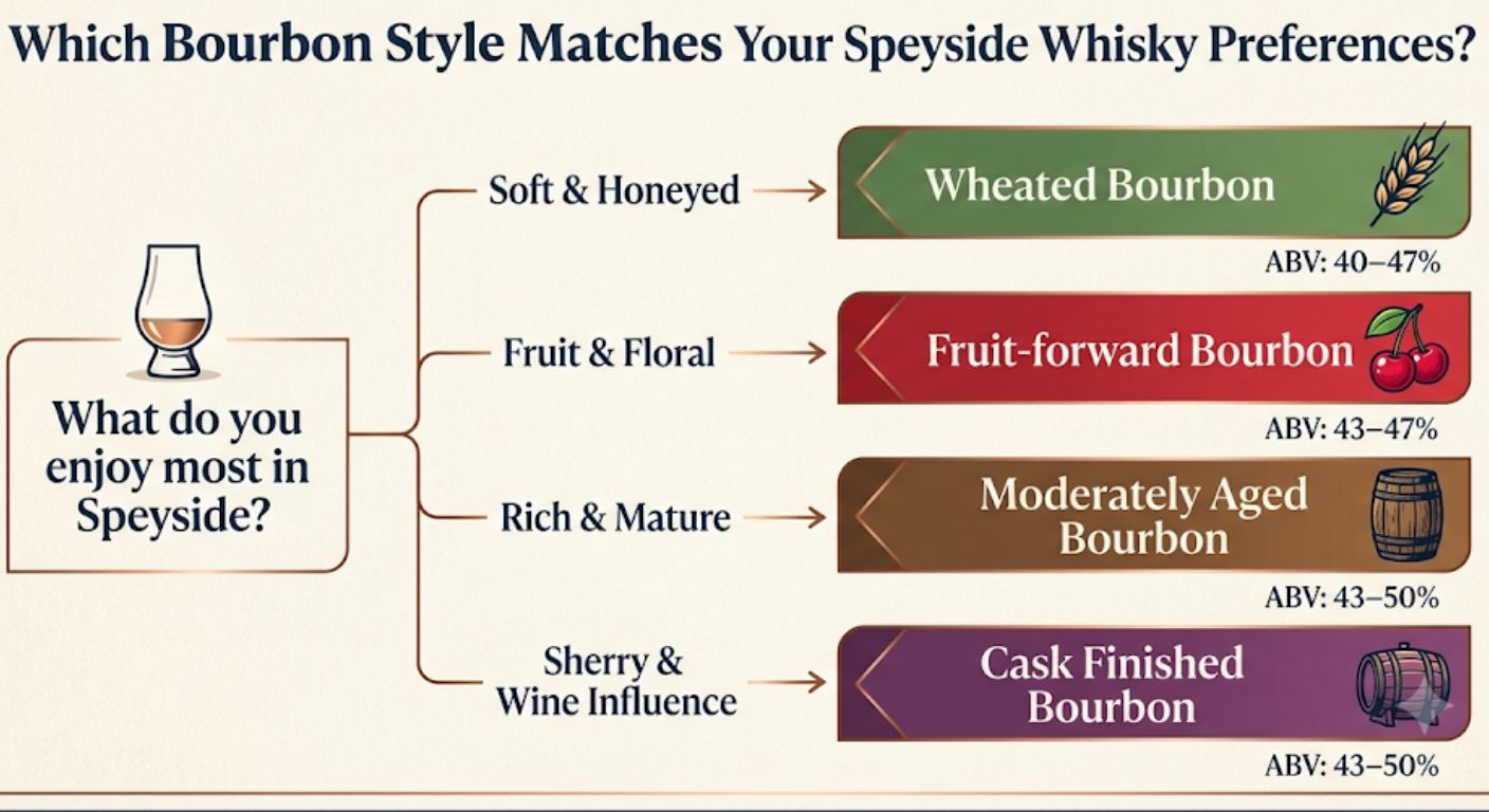 Decision flowchart helping Speyside whisky drinkers choose the Bourbon style that best matches their preferred flavour profile.