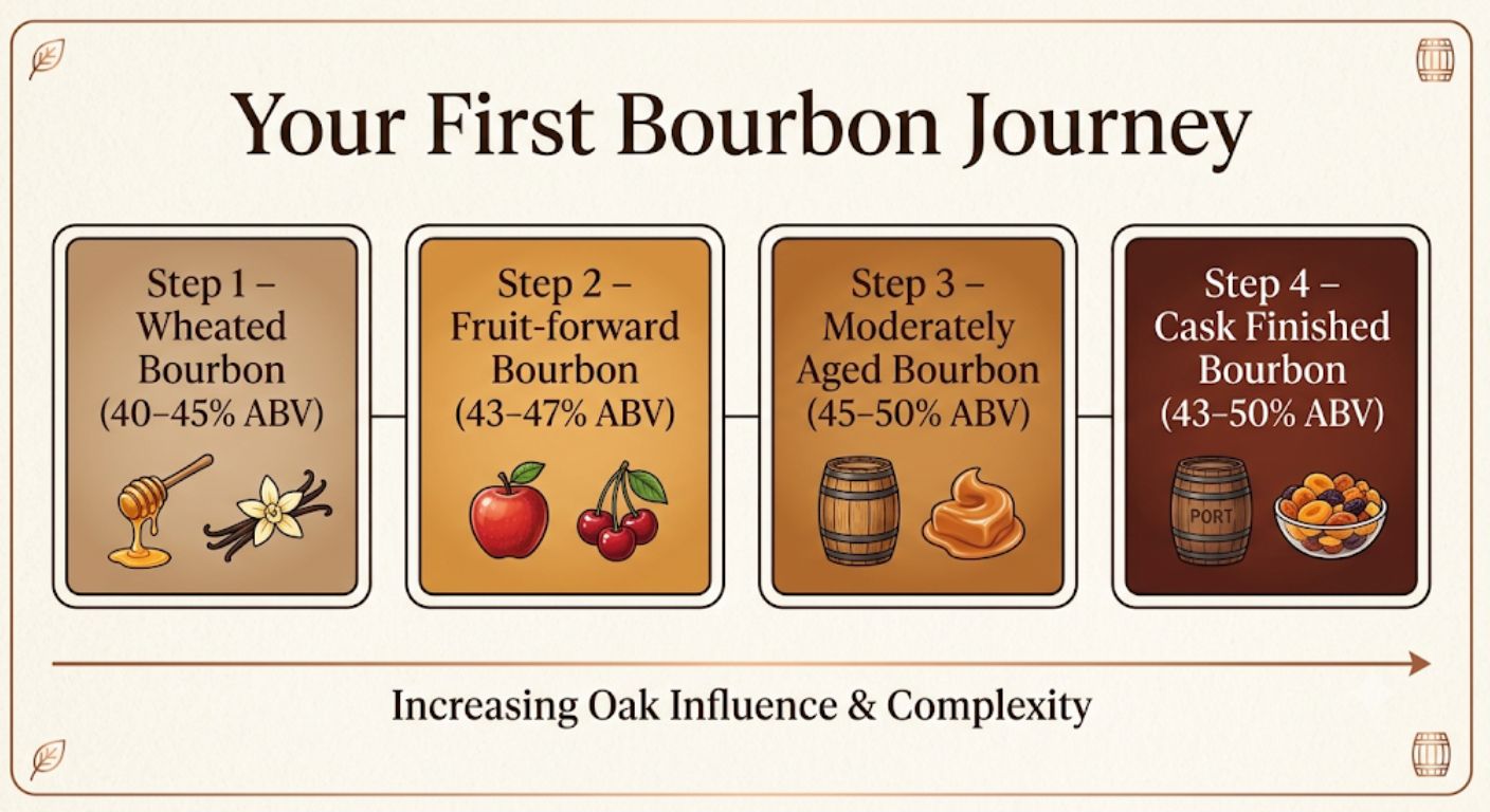 Step-by-step infographic showing the recommended progression from wheated Bourbon to cask-finished Bourbon for Speyside whisky drinkers.