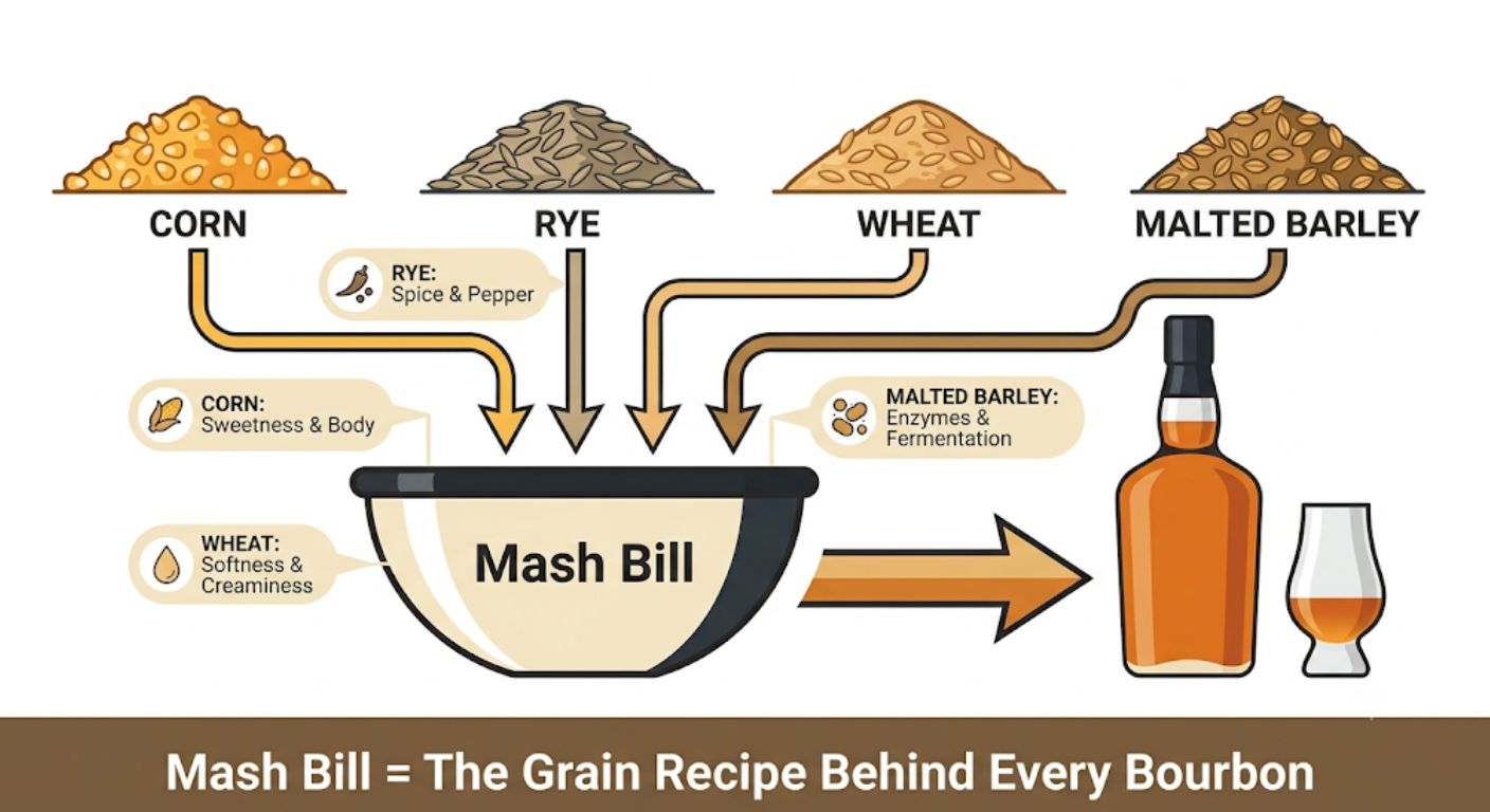 Infographic showing how a bourbon mash bill combines corn, rye, wheat and malted barley to create the grain recipe used for bourbon production.