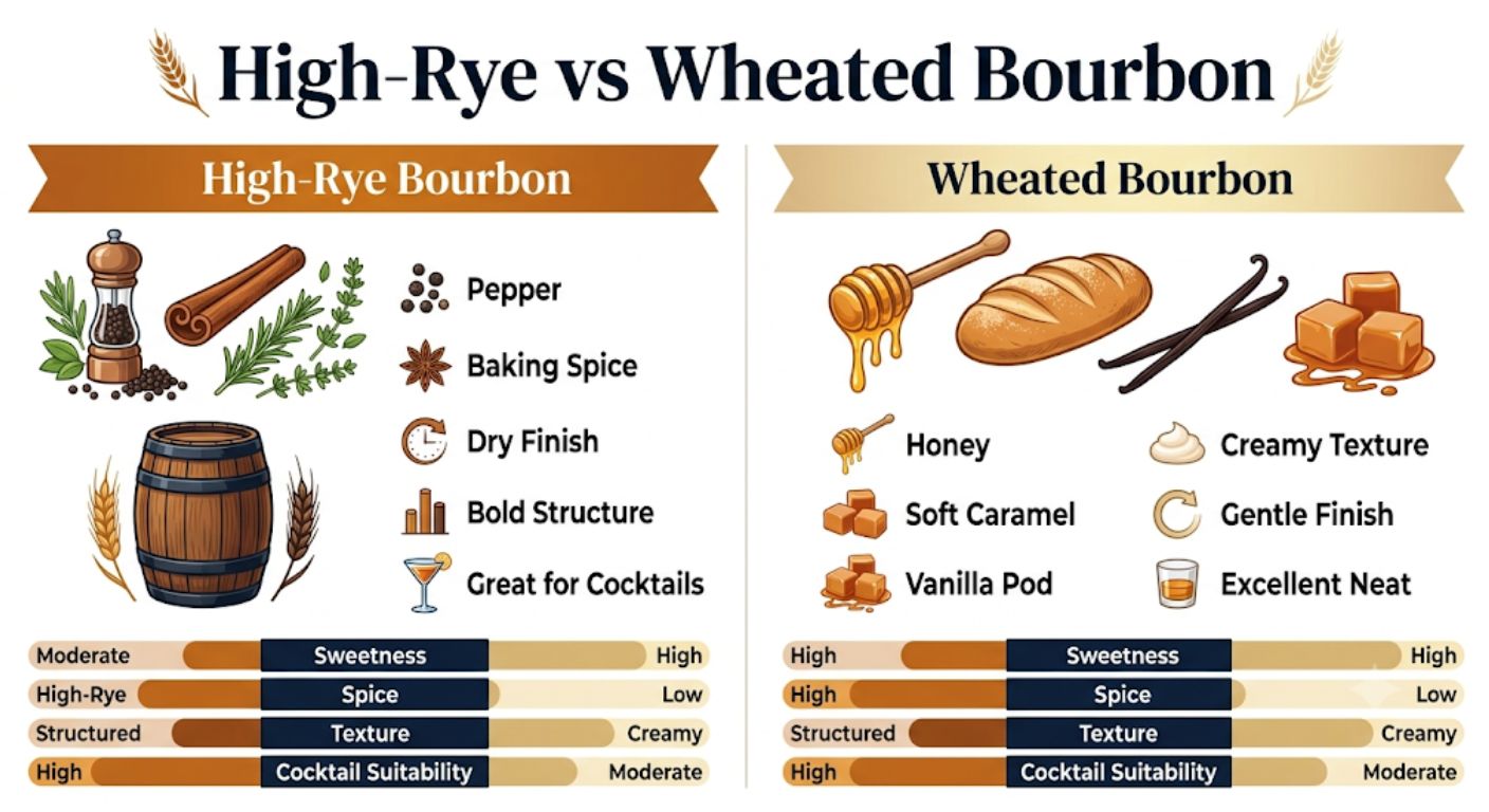 Comparison infographic showing the typical flavour differences between high-rye and wheated bourbon mash bills.