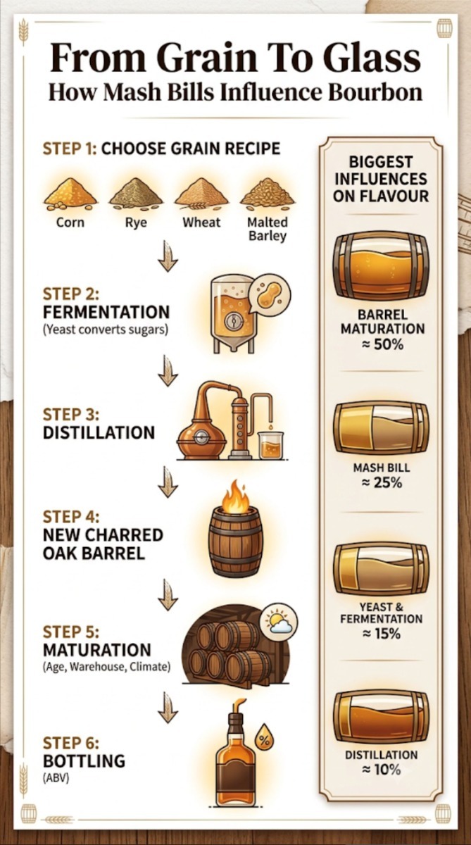Flowchart illustrating how the bourbon mash bill interacts with fermentation, distillation and barrel maturation to influence the final flavour of bourbon.