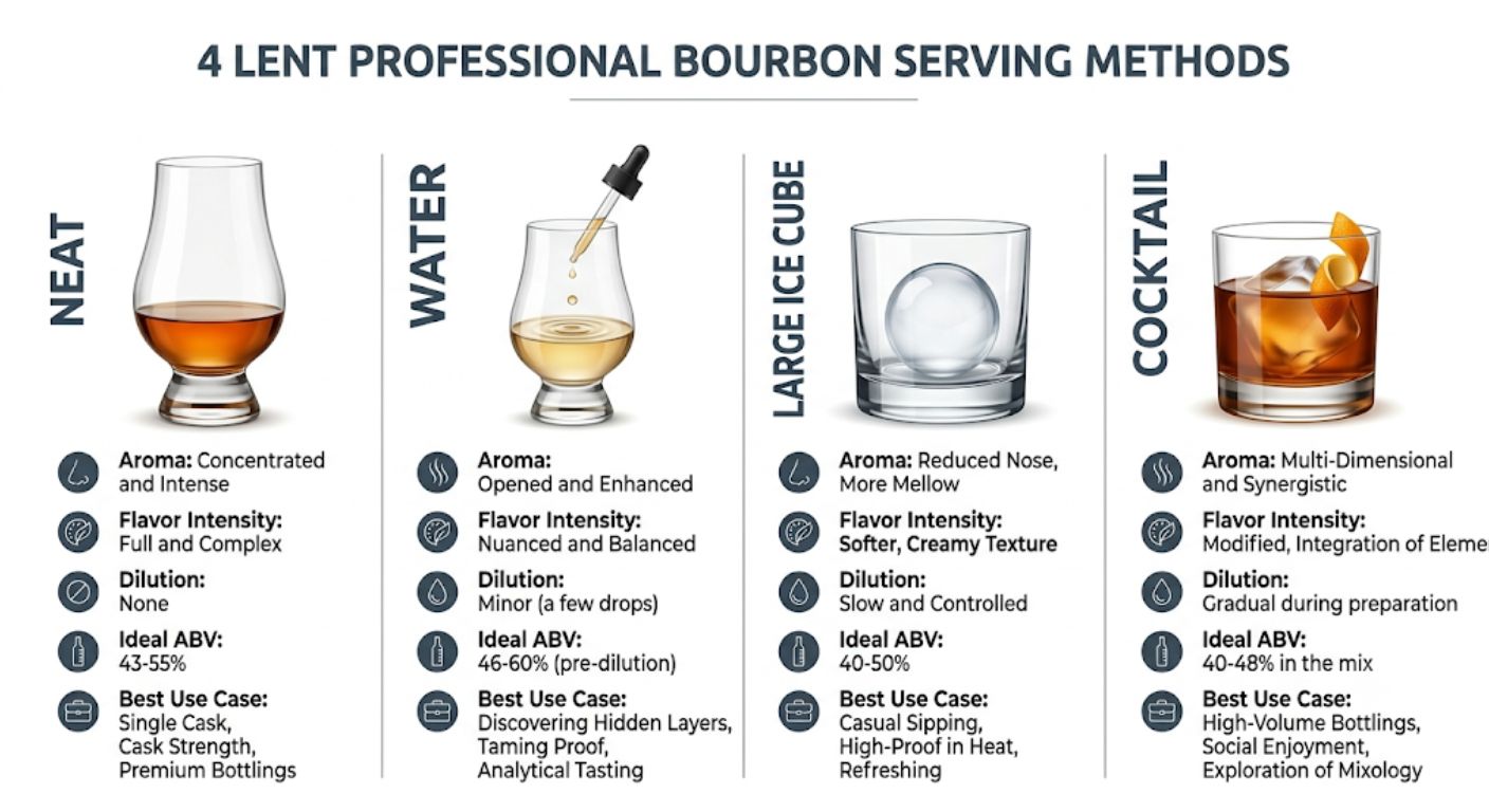 Comparison chart showing when to drink bourbon neat, with water, over ice or in cocktails based on flavour, dilution and ABV.