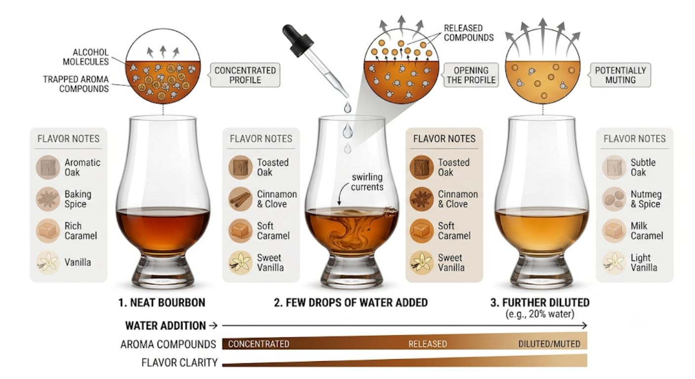 Diagram showing how adding small amounts of water can open bourbon aromas and reduce alcohol heat.