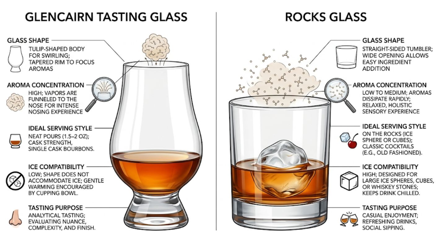 Comparison between a Glencairn glass and a rocks glass for bourbon tasting and serving.