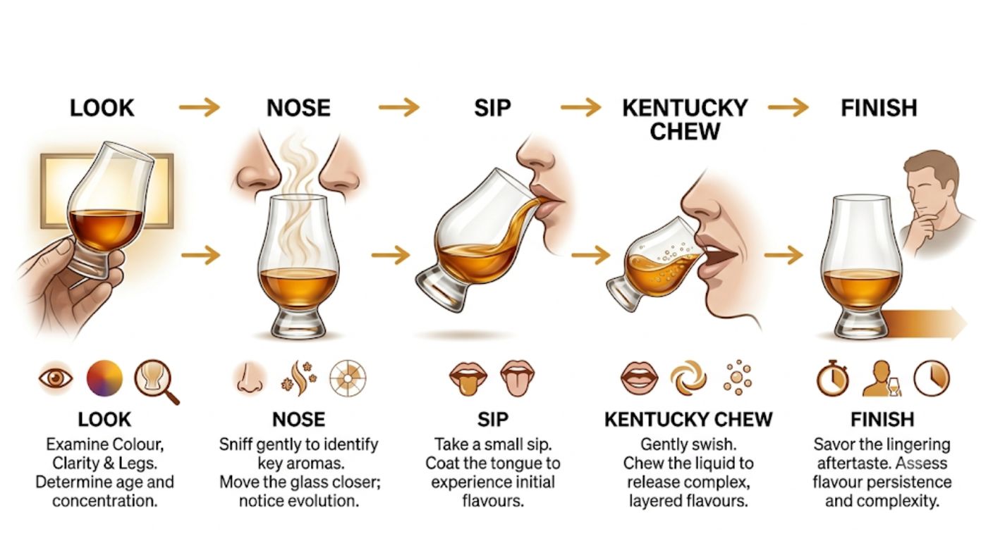 Visual guide showing the five stages of tasting bourbon including the Kentucky Chew technique.