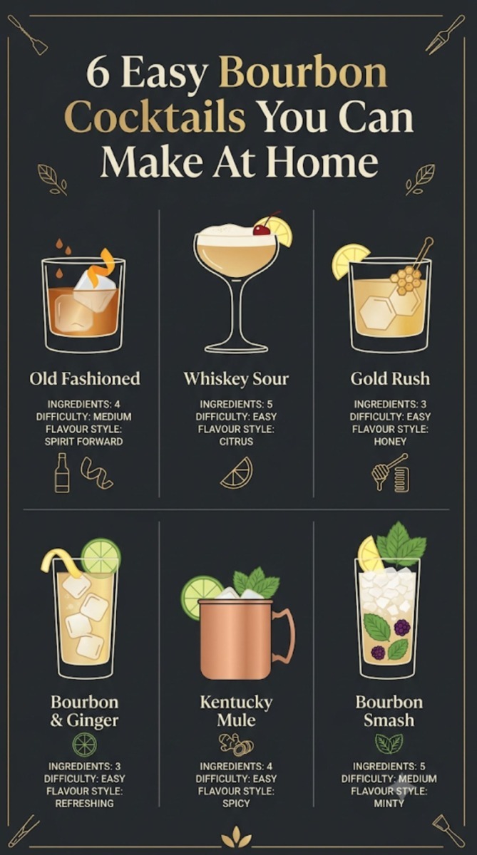 Comparison infographic showing six classic bourbon cocktails, the number of ingredients required, preparation difficulty and flavour style for each drink.