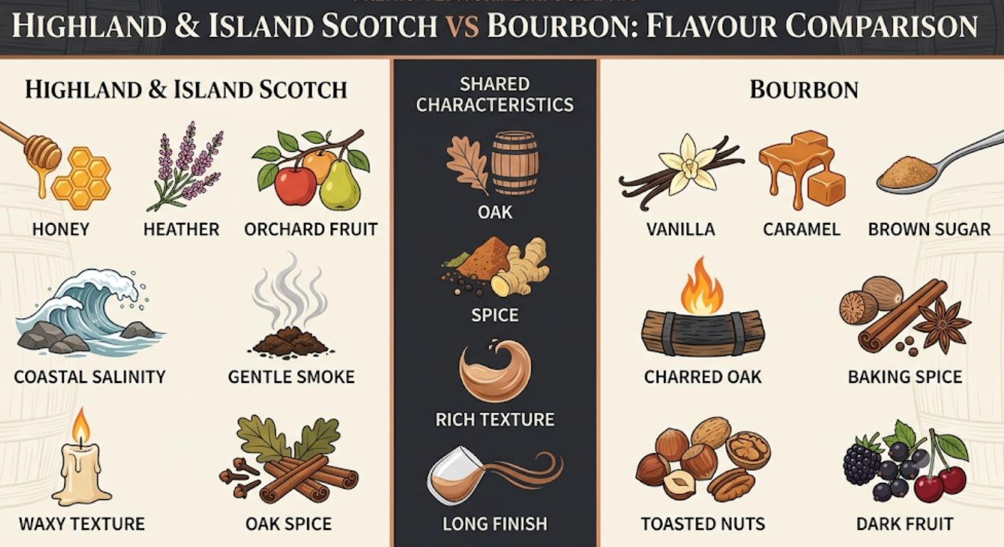 Infographic comparing the flavour profiles of Highland and Island Scotch with bourbon, highlighting shared characteristics and key differences.