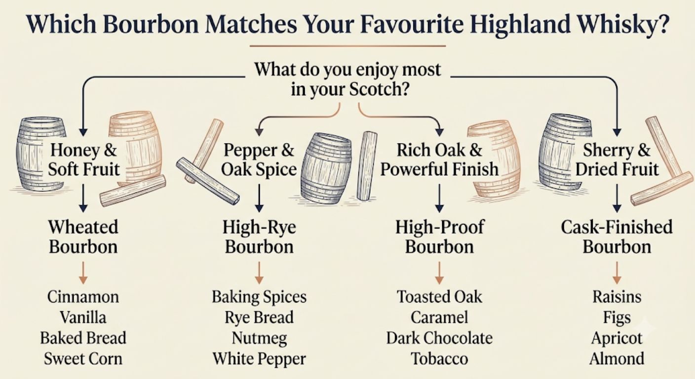 Decision tree showing which bourbon style best matches different Highland and Island Scotch flavour preferences.