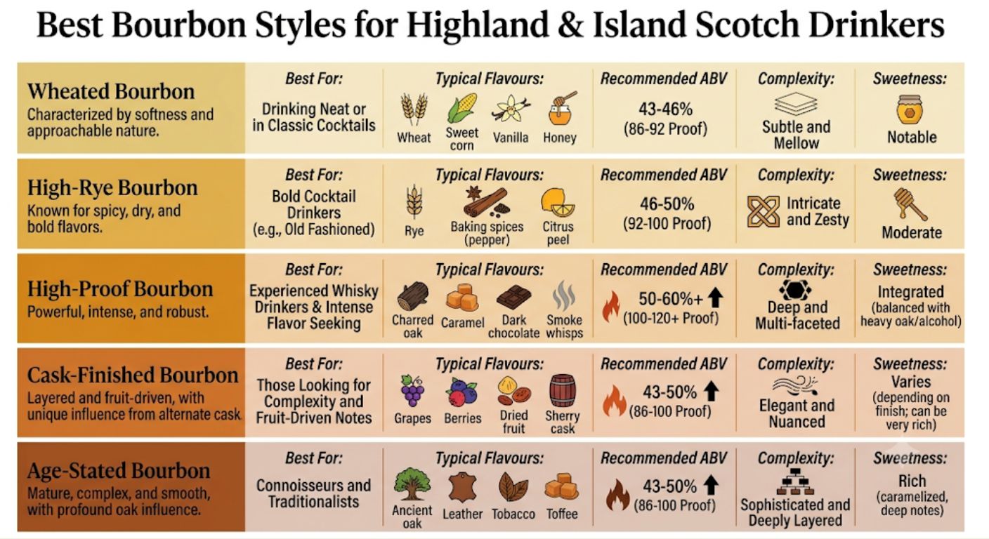 Comparison infographic explaining the main bourbon styles, their flavour profiles, strength and which Highland or Island Scotch drinkers they best suit.