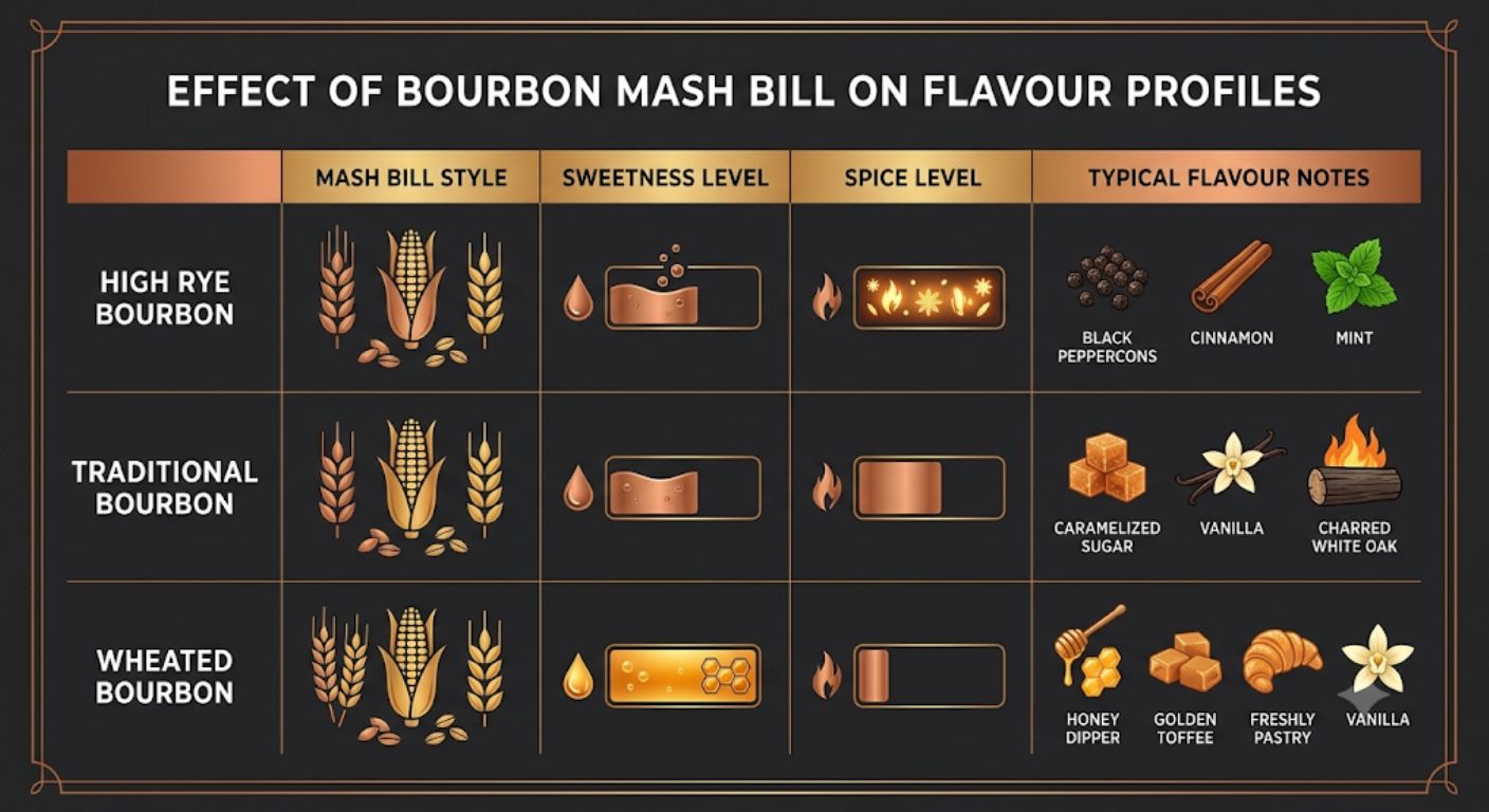 Comparison chart showing how high-rye, traditional and wheated bourbon mash bills influence sweetness, spice and flavour characteristics.