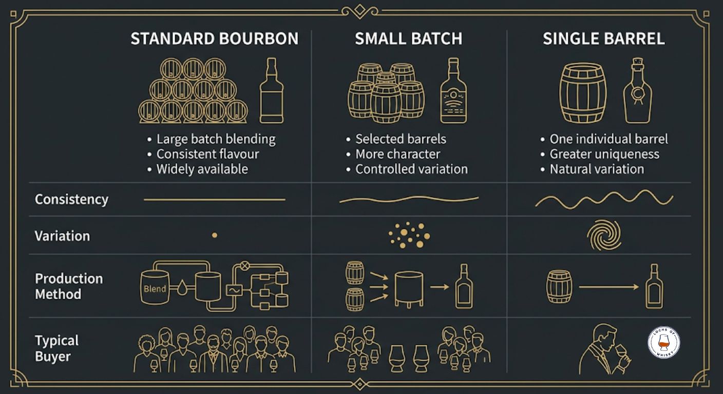 Comparison graphic explaining the differences between standard bourbon, small batch bourbon and single barrel bourbon production methods.