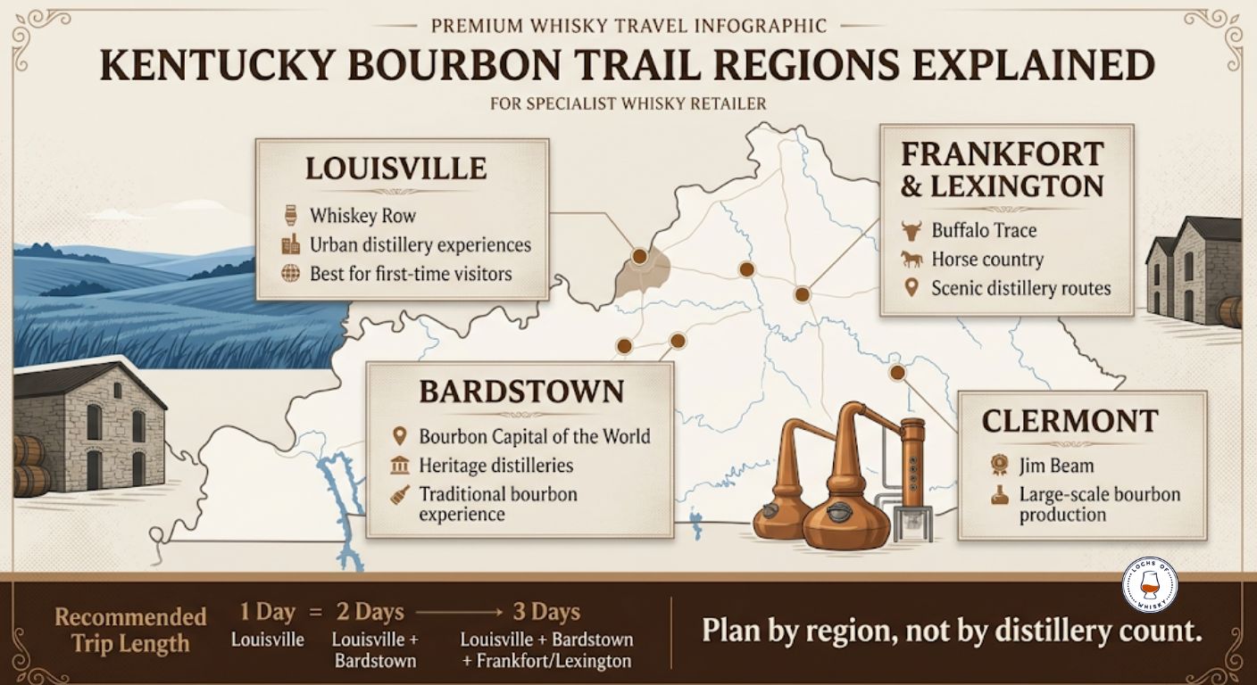 Map showing the four main Kentucky Bourbon Trail regions including Louisville, Bardstown, Frankfort, Lexington and Clermont, with recommended itinerary planning guidance.