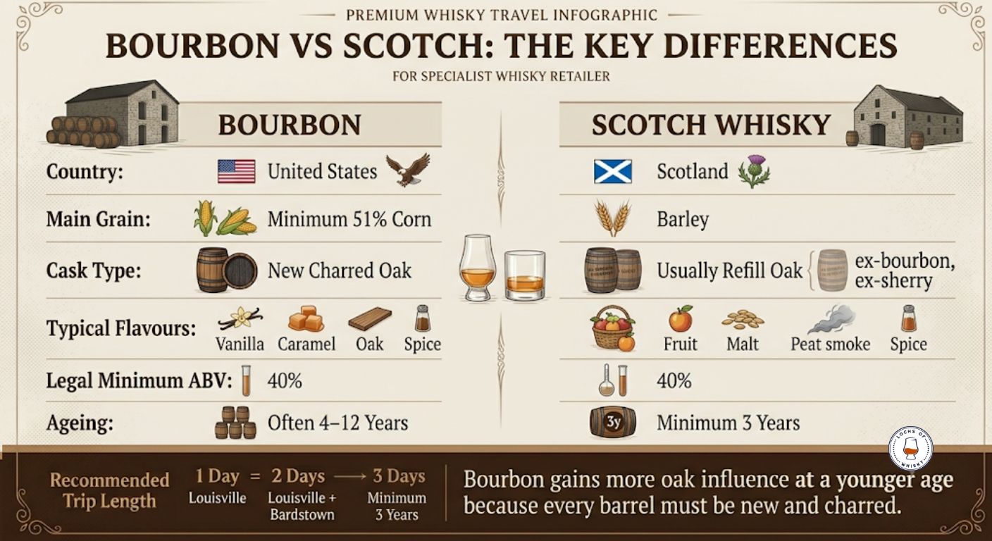 Comparison chart showing the main differences between bourbon and Scotch whisky, including grains, casks, ageing and flavour profiles.