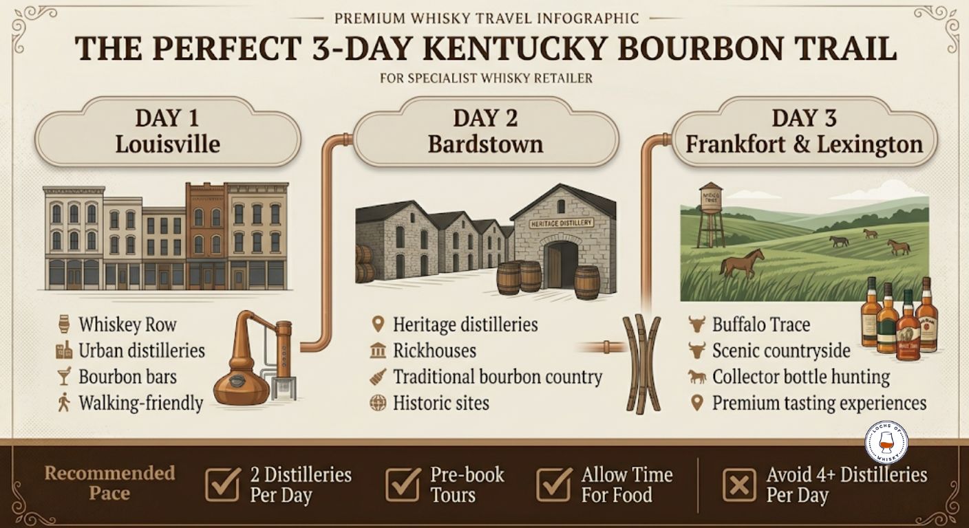 Three-day Kentucky Bourbon Trail itinerary showing suggested stops in Louisville, Bardstown and Frankfort/Lexington.