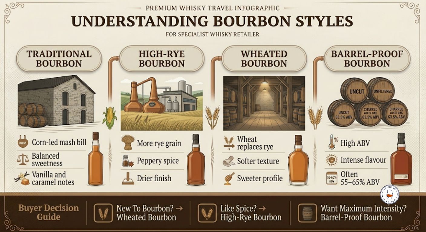 Visual guide comparing traditional bourbon, high-rye bourbon, wheated bourbon and barrel-proof bourbon styles, including flavour and strength differences.