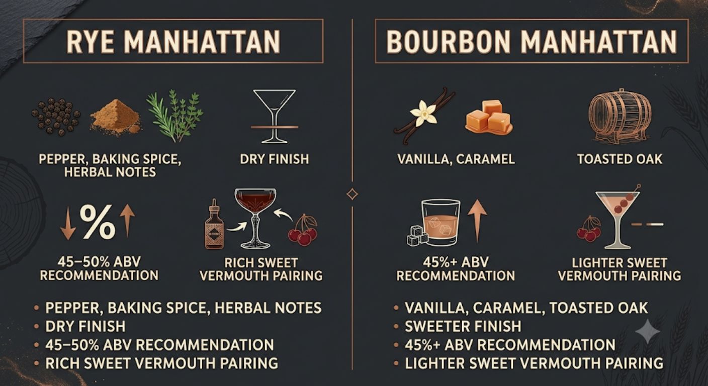Comparison infographic showing the flavour, sweetness, proof and ideal vermouth pairing differences between a rye Manhattan and a bourbon Manhattan.