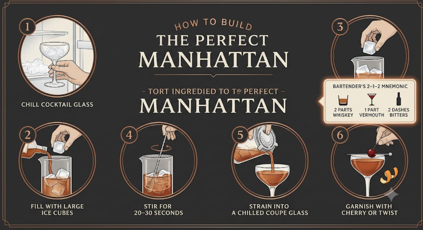 Step-by-step infographic explaining how to make a classic Manhattan cocktail using the 2–1–2 recipe ratio and proper stirring technique.