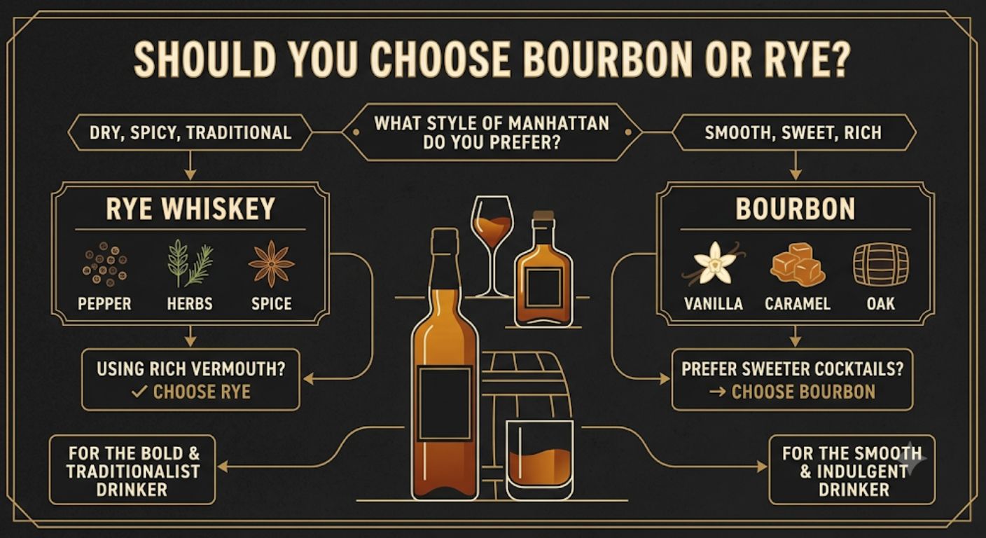 Decision tree infographic helping readers decide whether bourbon or rye whiskey is the better choice for their preferred Manhattan cocktail style.