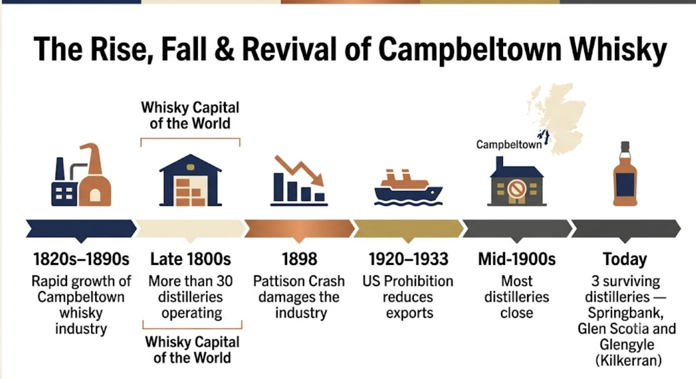 Timeline showing Campbeltown's growth from whisky capital with over 30 distilleries to today's three surviving distilleries and modern revival.
