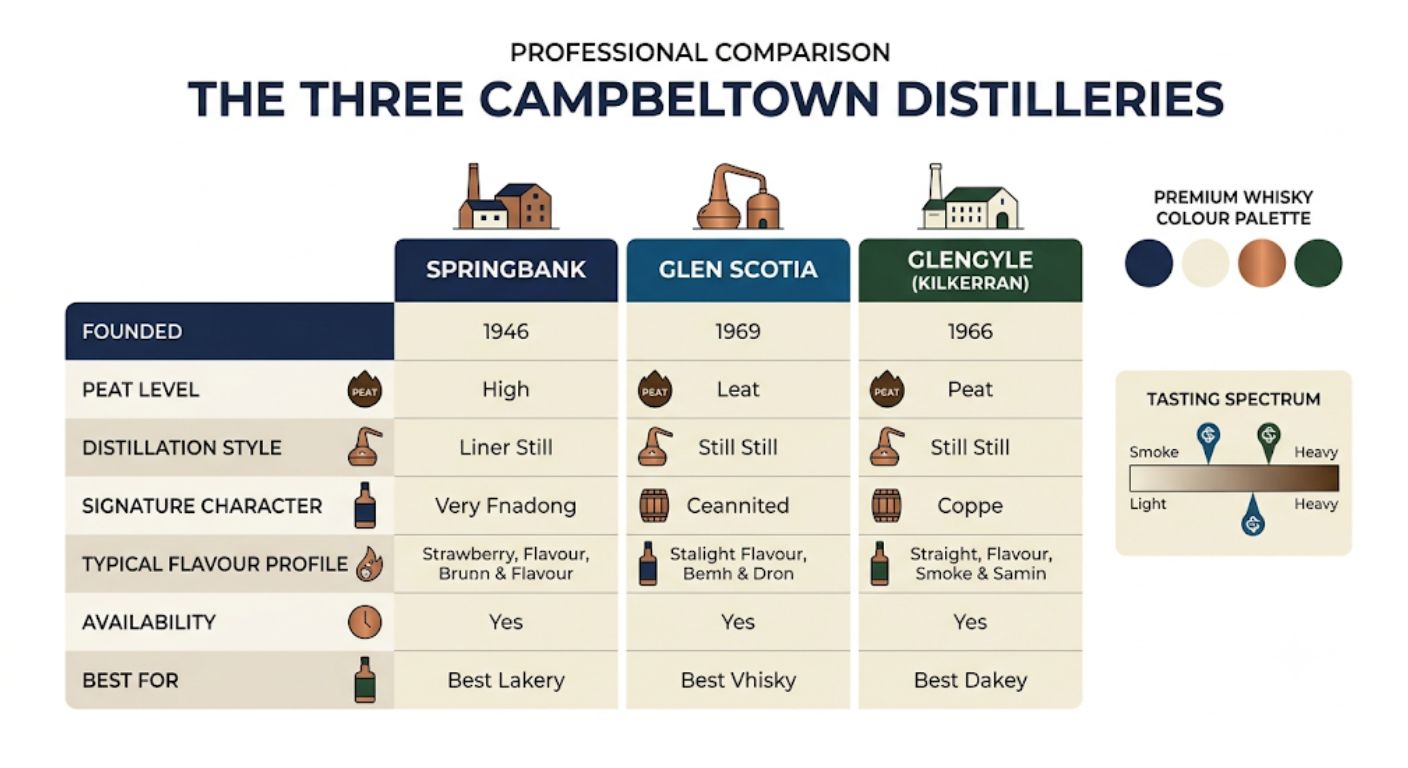 Comparison infographic showing the differences between Springbank, Glen Scotia and Glengyle including production style, peat level and flavour profile.