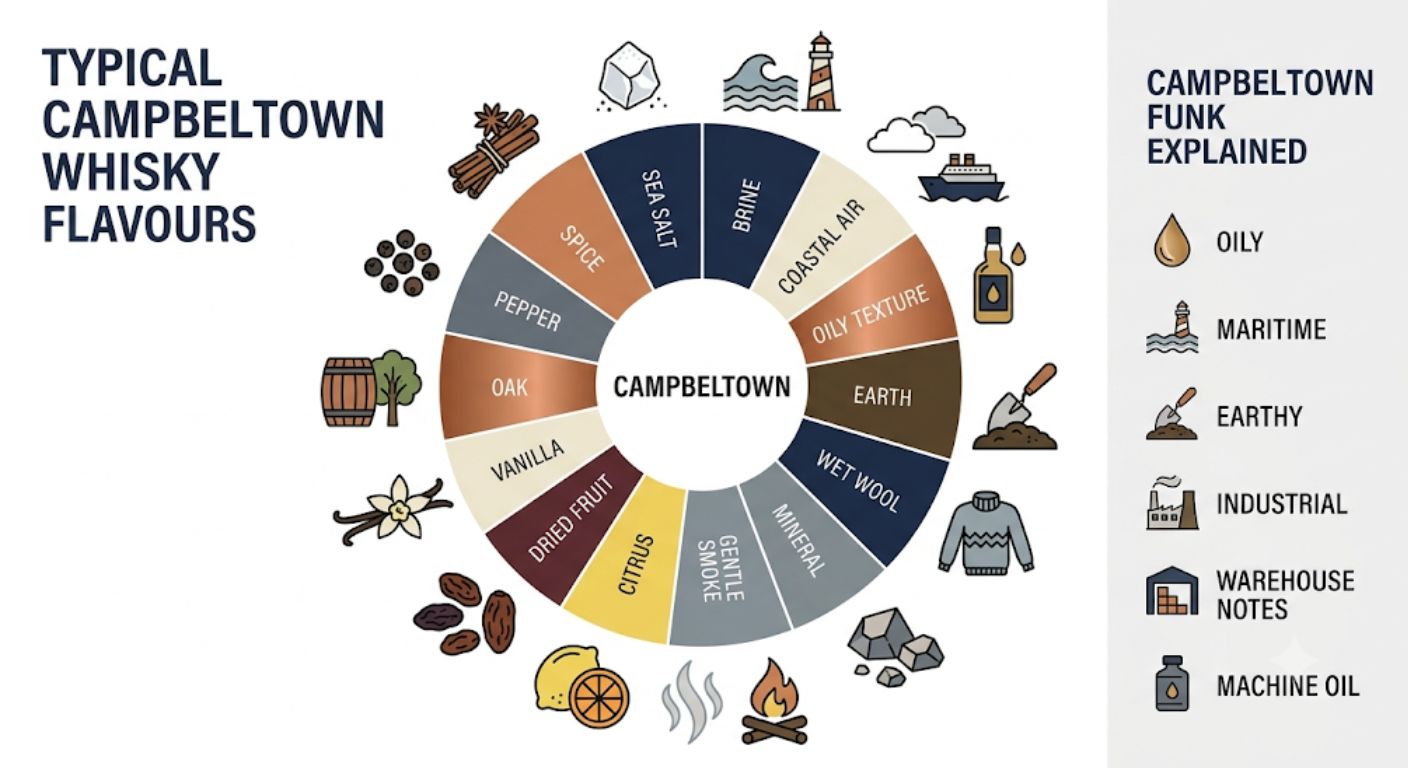 Flavour wheel illustrating the common tasting characteristics of Campbeltown whisky including coastal, oily, earthy and lightly smoky notes.