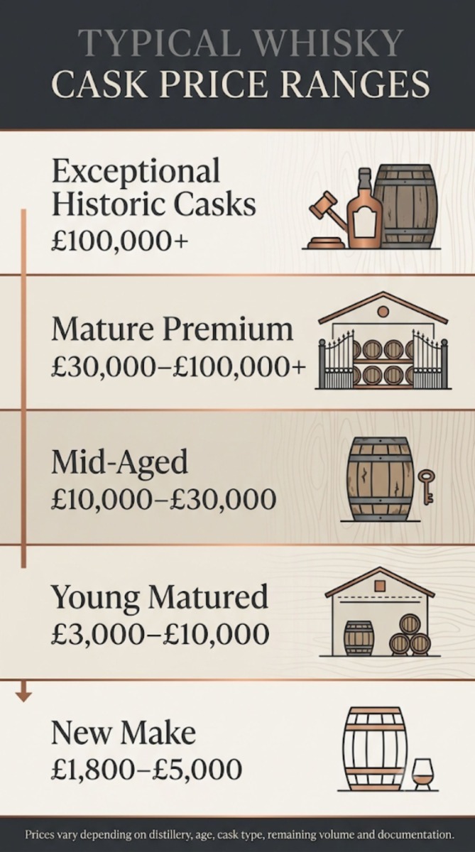 Infographic showing typical whisky cask price ranges from new-make spirit costing around £1,800 to exceptional mature casks valued at more than £100,000, with the main factors influencing value.