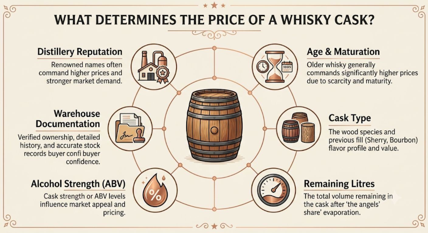 Diagram explaining the seven main factors that influence the value of a whisky cask, including age, distillery reputation, cask type, remaining volume, alcohol strength, ownership documentation and naming rights.