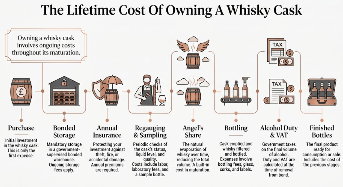 Timeline infographic illustrating the complete ownership journey of a whisky cask, showing where storage, insurance, regauging, maturation losses, bottling and tax costs occur after the initial purchase.