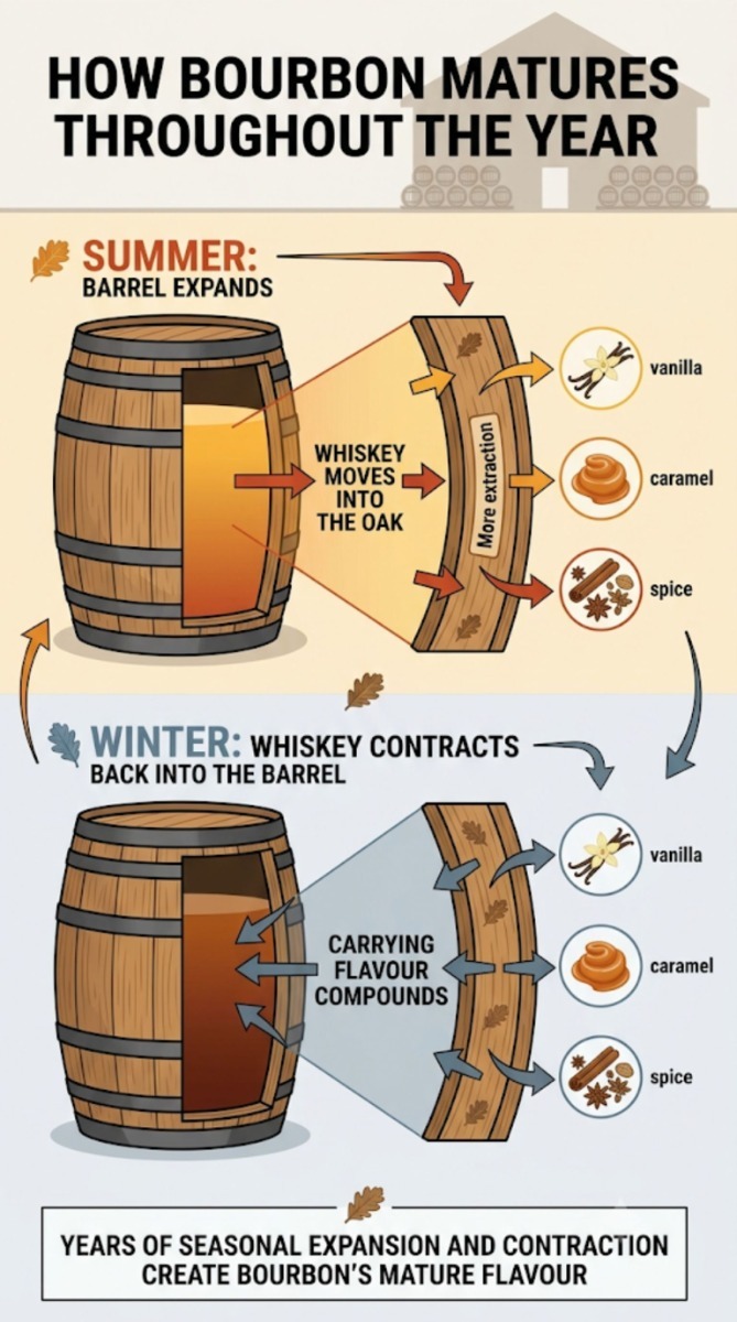 Diagram showing how seasonal temperature changes move bourbon into and out of the oak, allowing it to extract flavour compounds over time.