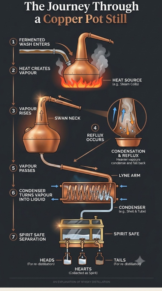 Flowchart illustrating how spirit travels through a copper pot still, showing vapour movement, reflux, condensation and separation into heads, hearts and tails.