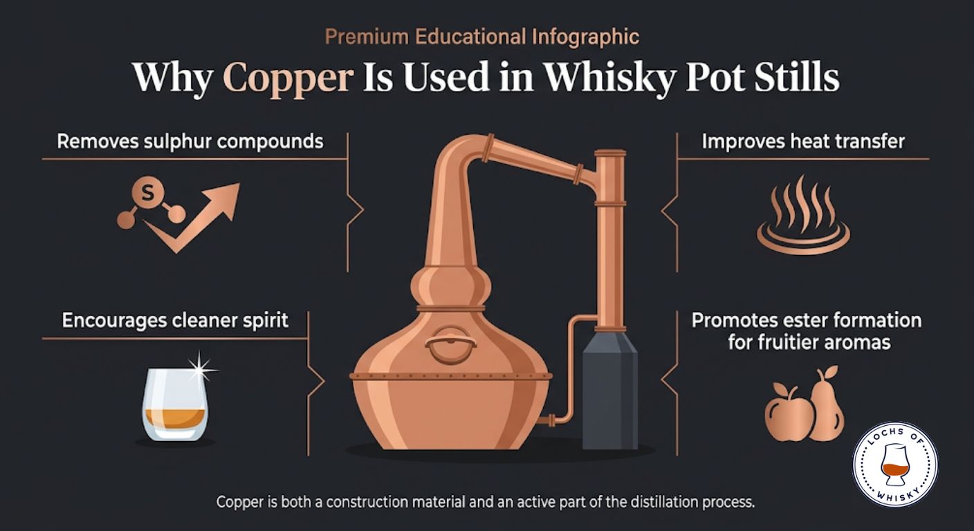 Diagram showing why copper is used in whisky pot stills, highlighting sulphur removal, heat transfer, cleaner spirit production and ester formation.