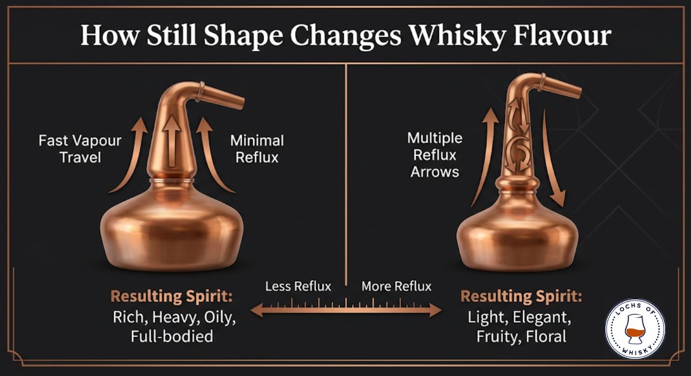 Comparison infographic showing how short and tall copper pot stills affect reflux and produce heavier or lighter whisky styles.