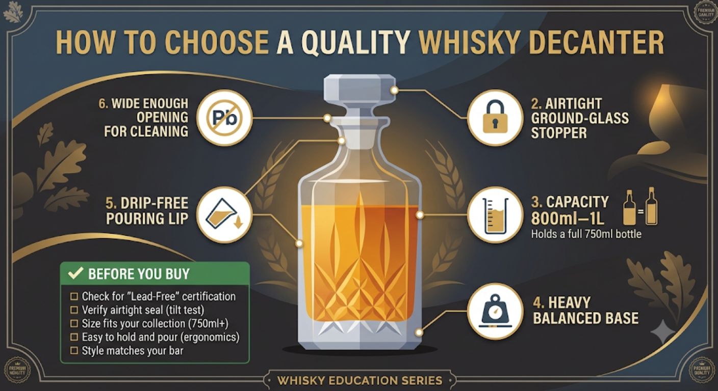 Buying guide infographic highlighting the six most important features to look for when choosing a high-quality whisky decanter.